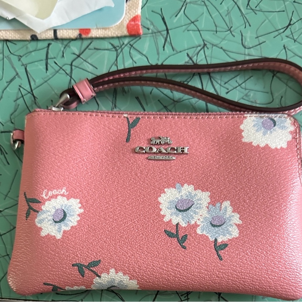 Coach Pink Floral Leather Wristlet
